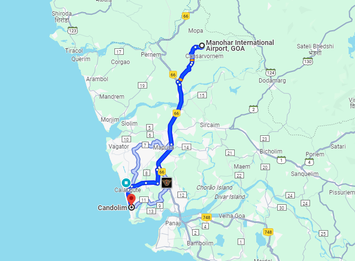 Mopa Airport to Candolim Taxi Route