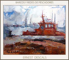 PALAMOS-PINTURA-MARINA-CATALUNYA-CUADROS-PAISAJES-BARCOS-PESCADORES-REDES-PINTOR-ERNEST DESCALS-