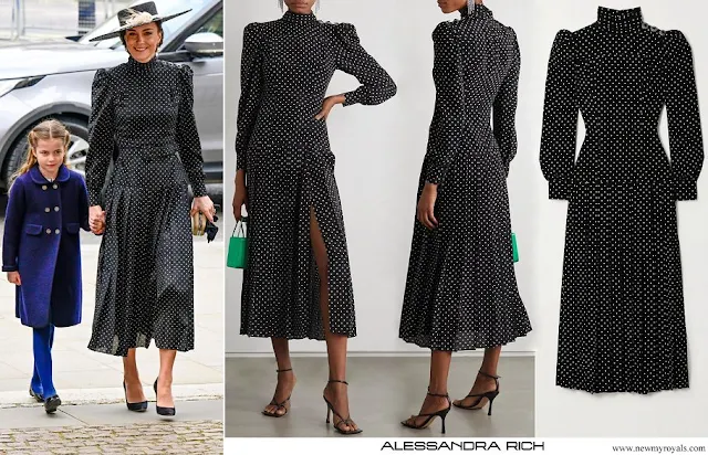 Kate Middleton wore Alessandra Rich Pleated Polka-dot Silk Crepe De Chine Midi Dress in Black