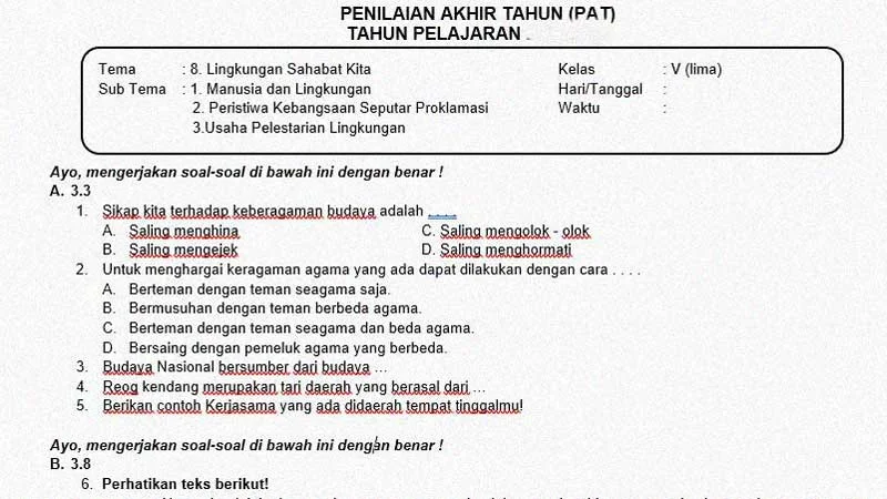 Soal PAT Kelas 5 Tema 8 Sesuai Kisi-Kisi Lengkap Kunci Jawabannya