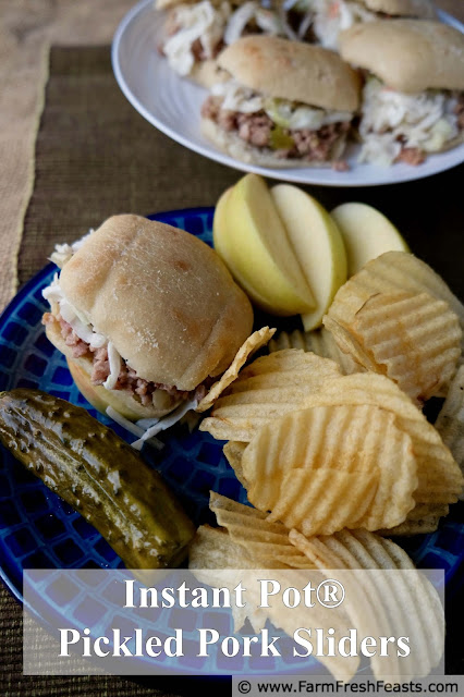 Instant Pot® pickled pork sliders combine bacon, ground pork, and pickles for a savory sandwich. These are terrific with coleslaw or over rice. Use the Instant Pot® or make it on the stove top--with only 5 common ingredients, this recipe is easy to make and fun to eat.