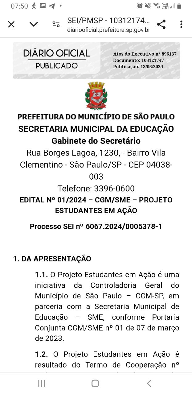 EDITAL Nº 01/2024 - CGM/SME - PROJETO ESTUDANTES EM AÇÃO