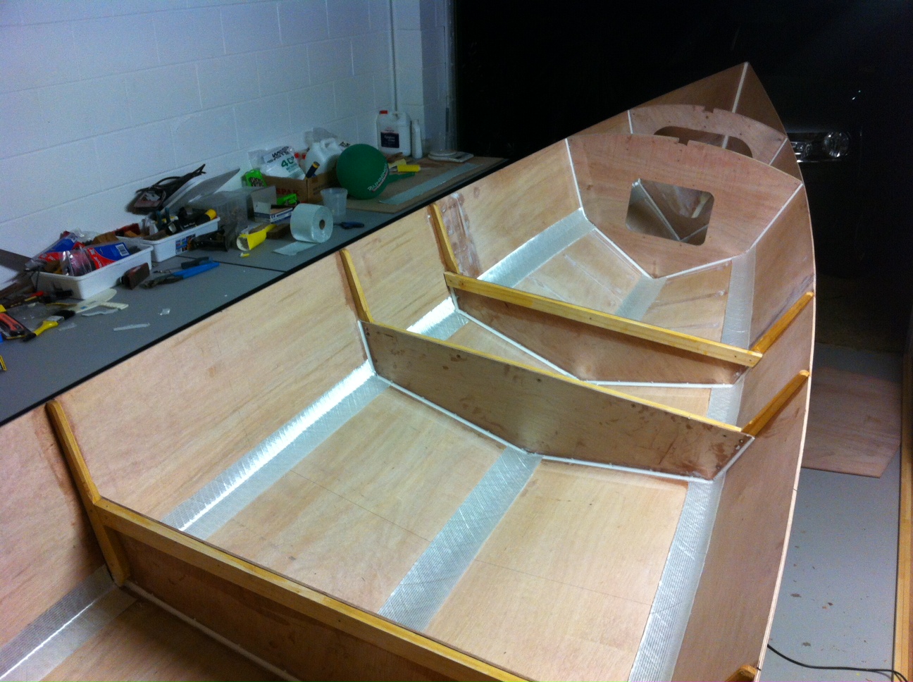 Will Shrapnel's boat being built using the stitch-and-glue method 