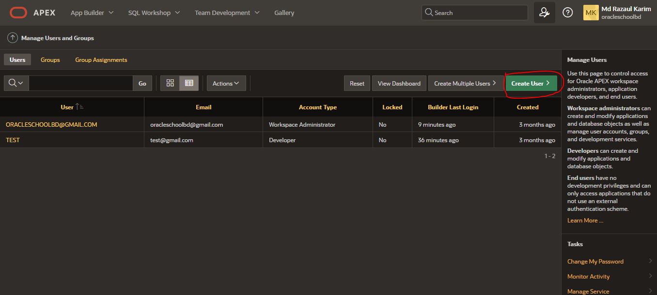 Create Workspace User on Oracle Apex