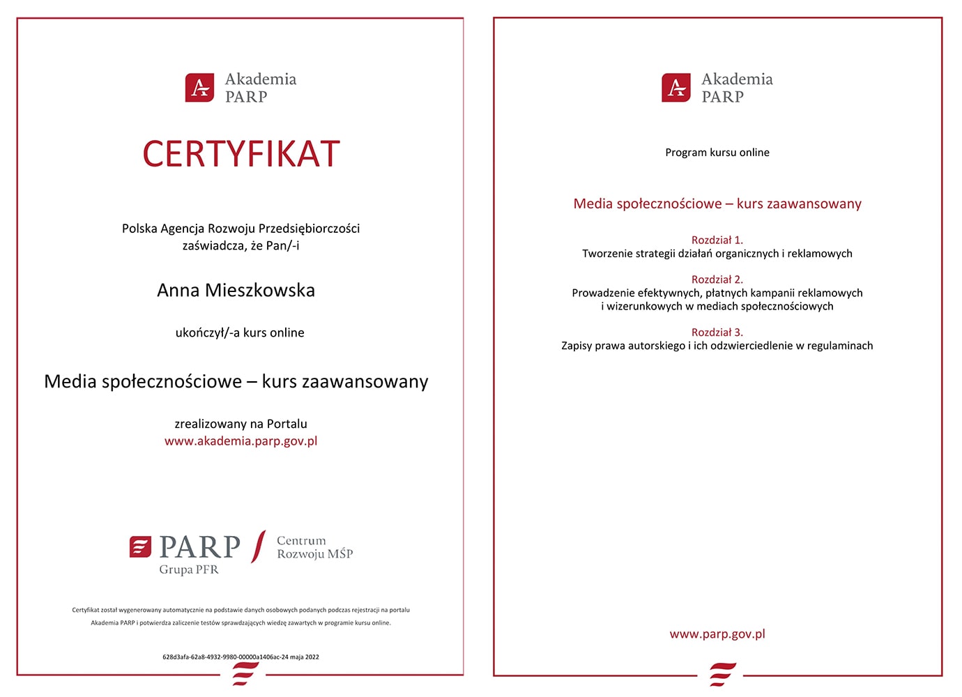 Media_społecznościowe_–_kurs_zaawansowany-Certyfikat-Anna Mieszkowska Leyraa - Akademia PARP