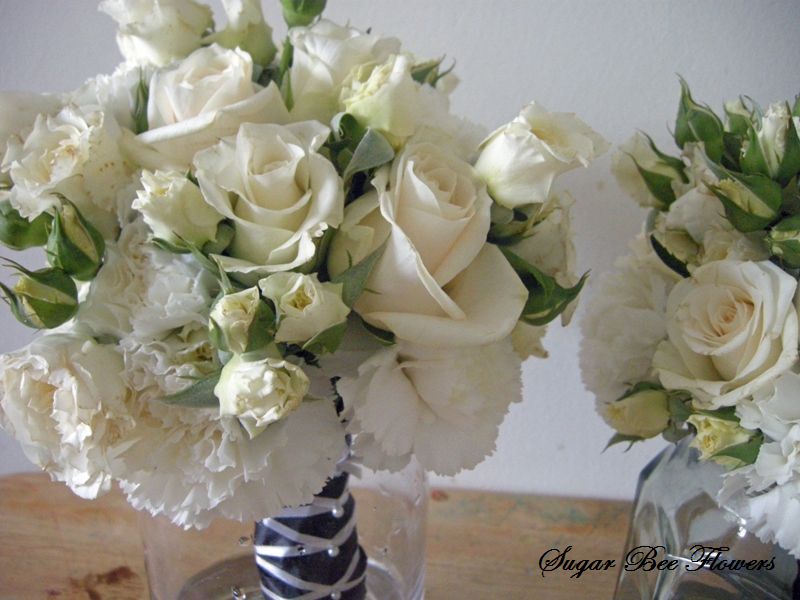 white bouquet with black ribbon rose David Austin roses and carnation