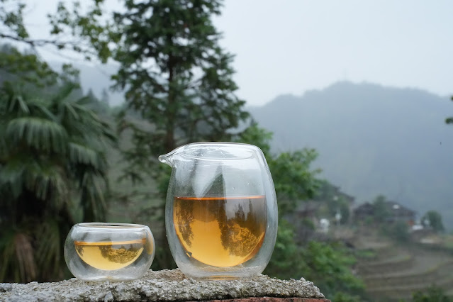 glasses containing Chinese tea with mountain backdrop (iTeaworld)