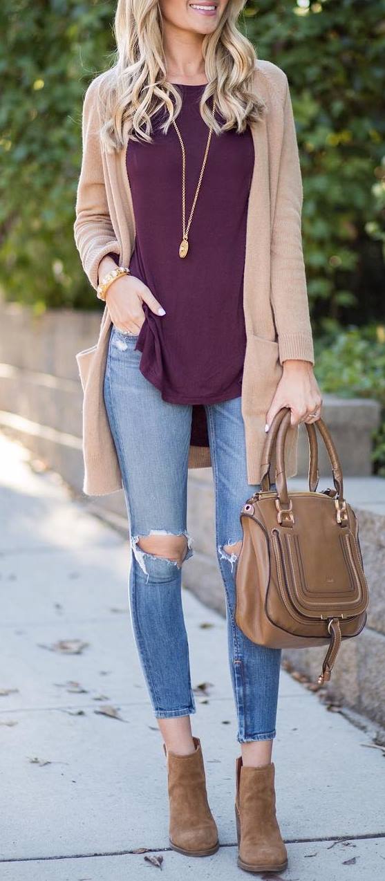 fall fashion trends | nude cardi + bag + purple top + ripped jeans + boots