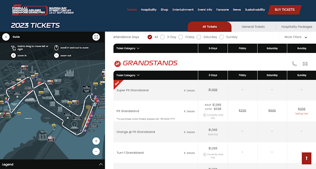F1シンガポールGP公式サイトでの購入手順ーチケット選択スクリーンショット