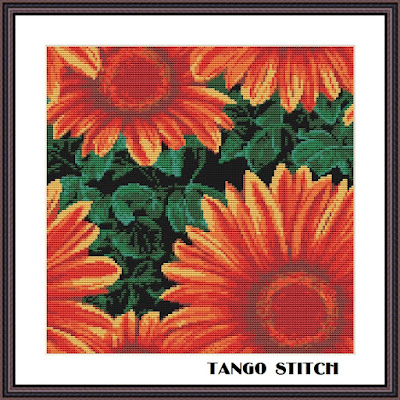 Sunflower cross stitch cute orange floral hand embroidery pattern - Tango Stitch