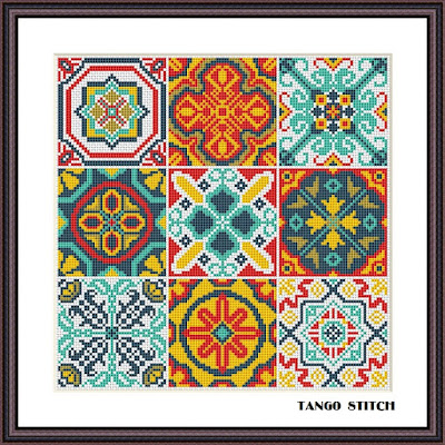 Portugal ceramic tile ornaments cross stitch embroidery - Tango Stitch