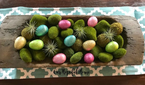 dough bowl glitter eggs moss rocks air plants Easter centerpiece