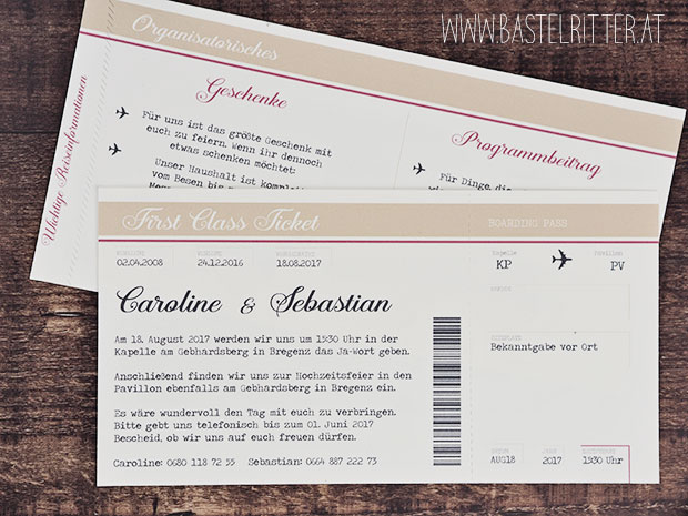 hochzeitseinladung stampin up bastelritter vorarlberg reise ticket