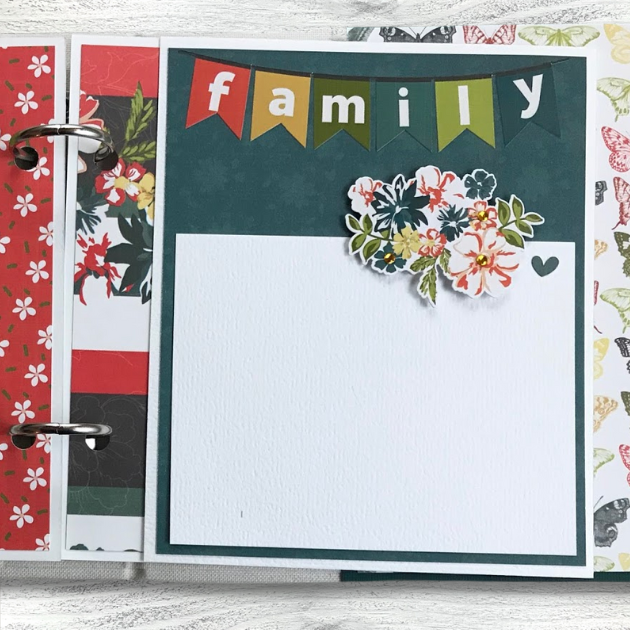 Family Memories Scrapbook Album Page with a family banner & flowers