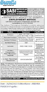 Sasi Institute of Technology & Engineering Assistant Professor, Associate Professor, Lecturers, Non-Faculty Recruitment