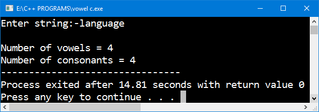 Program in C and C++ to count the number of vowels and consonants in a string Using function 