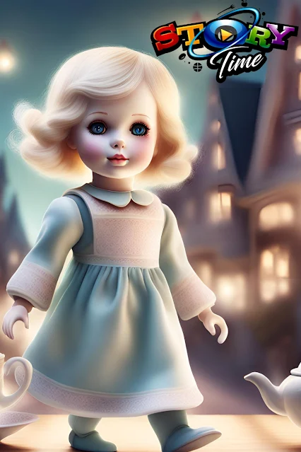 "Selene the cursed porcelain doll walking through ceramic land"