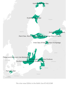 Itämeren kartta, johon merkitty tärkeät 9 aluetta.