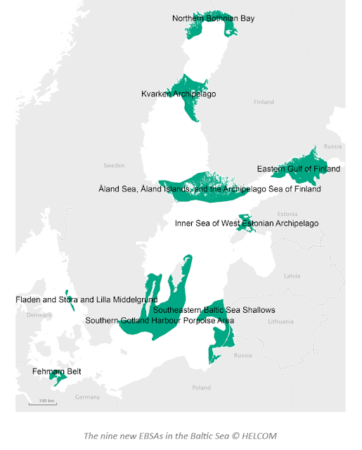 Itämeren kartta, johon merkitty tärkeät 9 aluetta.