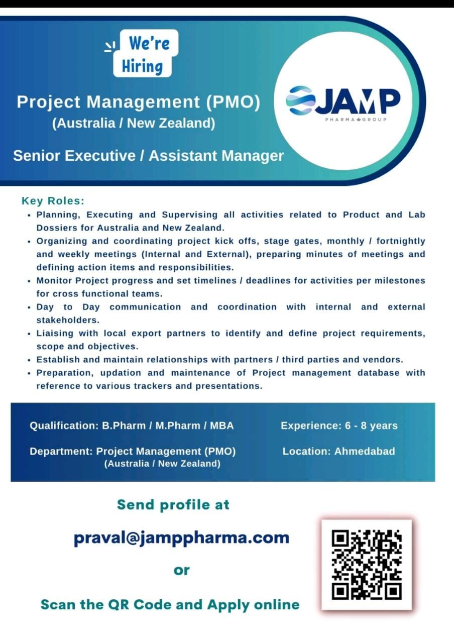 Job Availables, Jamp Pharma Job Vacancy For Project Management Department