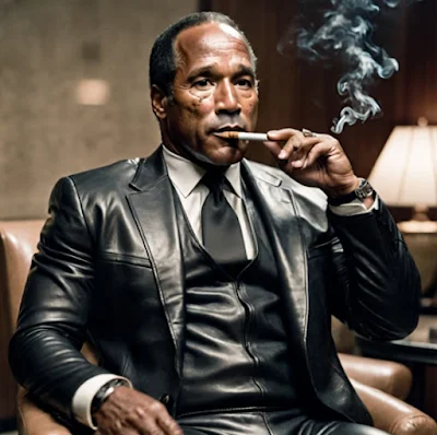 OJ Simpson sitting back in a chair smoking a cigar and wearing a black leather suit