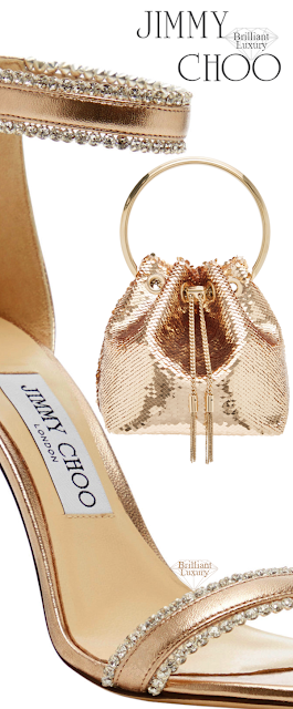 ♦Jimmy Choo Dochas crystal embellished neutral leather sandals & golden metallic sequined Bon Bon satin bucket bag #jimmychoo #shoes #bags #brilliantluxury
