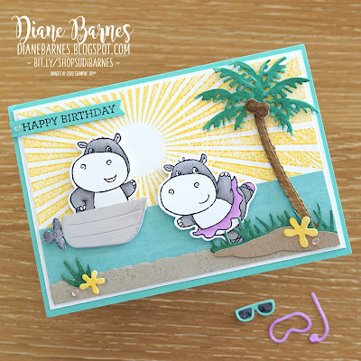 Handmade beach themed hippos birthday card made with Stampin Up Saleabration Hippest Hippos and Hippos dies, Rays of Light stamp, Palms dies. Card by Di Barnes - Independent Demonstrator in Sydney Australia - Saleabration 2022 - annual catalogue 2022-2023 - stampinupcards - colourmehappy