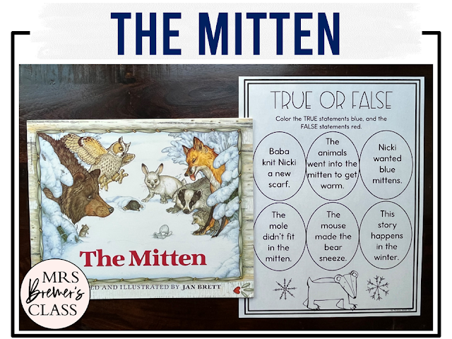 The Mitten Jan Brett book activities unit with literacy printables, reading companion activities, lesson ideas, and a craft for winter in Kindergarten and First Grade