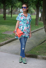 Kenzo flower print, Oakley mirror sunglasses, green sandals, Zara orange clutch, Fashion and Cookies, fashion blog