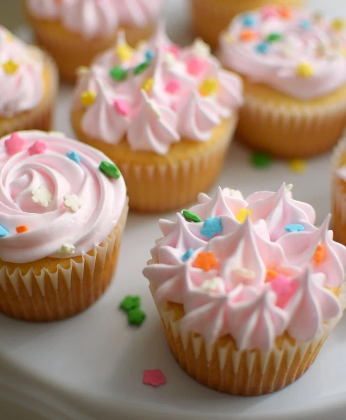 Cupcakes de vainilla decorados con merengue esponjoso y decorados con lluvia de colores, un postre para cualquier ocasión