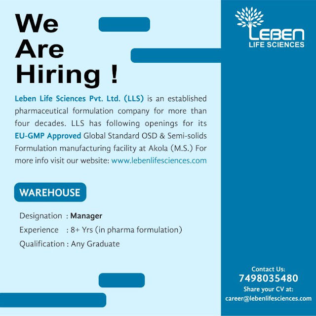 Leben Life Sciences Hiring For Warehouse Dept