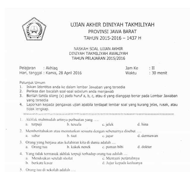 Download Soal Ujian Akhir Diniyah Takmiliyah   Mata Pelajaran Akhlaq  Provinsi Jawa Barat Tahun 2016