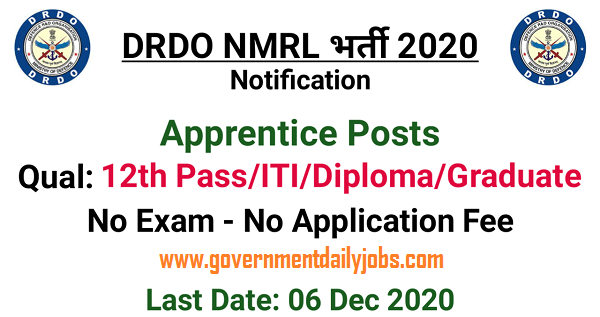 DRDO NMRL Apprentice Jobs 2020 Notification