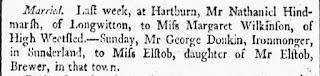 A newspaper cutting stating that on Sunday Mr George Donkin, Ironmonger married Miss Elstob, daughter of Mr Elstob, Brewer.