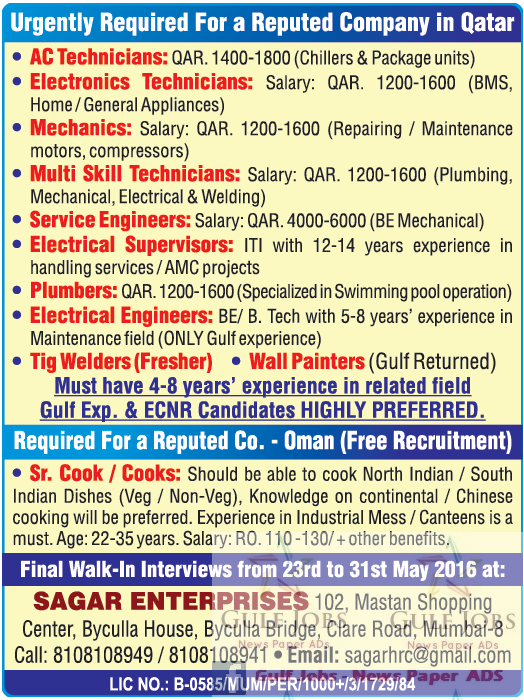 Free job recruitment for Qatar & Oman