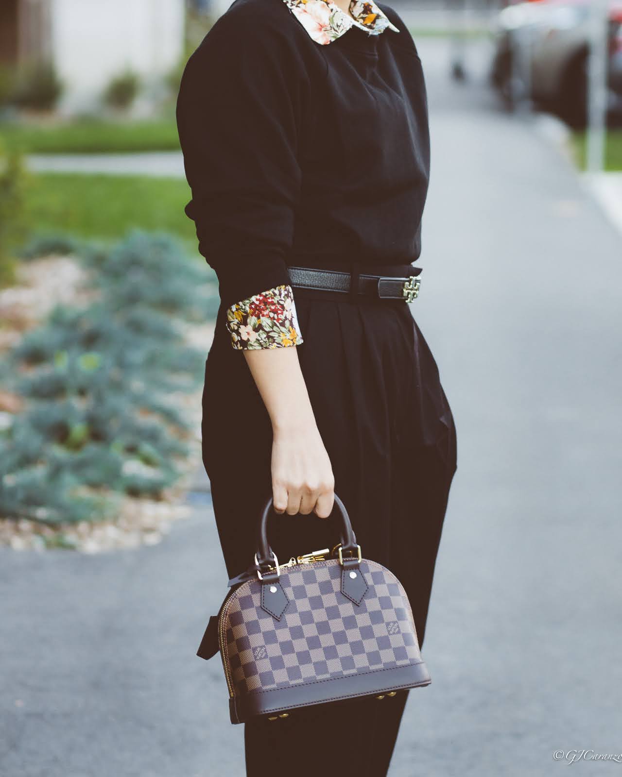 H&M Sweatshirt | Zara Floral Print Blouse | H&M Dress Pants | Louis Vuitton Alma BB in Damier Ebene | Tory Burch Reversible Belt | Steve Madden Ankle Boots | Petite Outfit