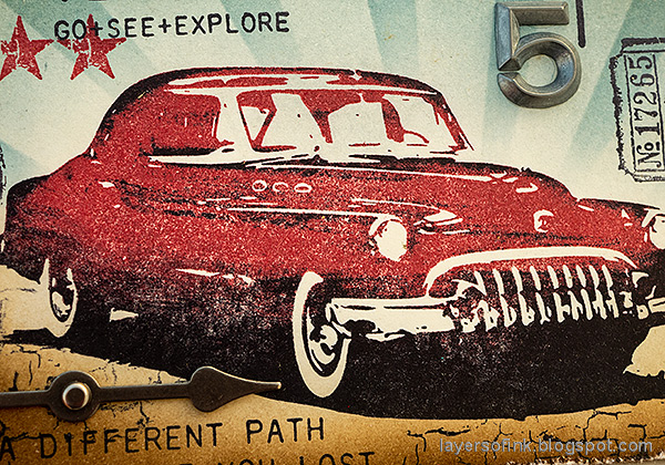 Layers of ink - Roadtrip Card Tutorial by Anna-Karin Evaldsson. Red vintage car stamping.