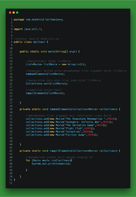 Contoh Code  program mengurutkan tahun objek class di interface comparable java