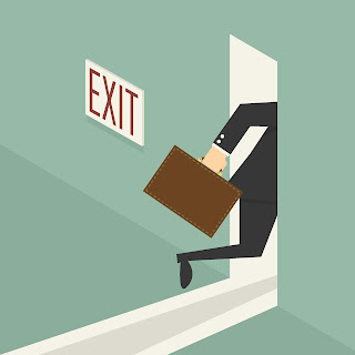 A cartoon businessman hits the exit on his way out the door