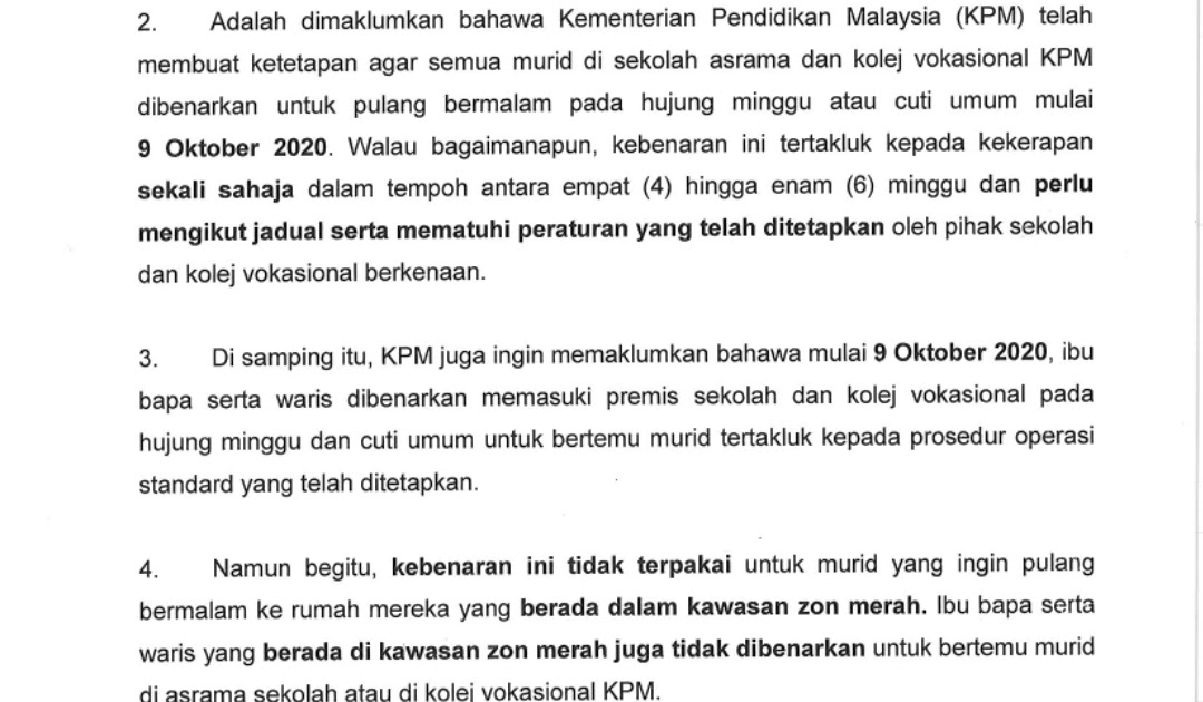 Kebenaran Pulang Bermalam Dan Lawatan Ibu Bapa Serta Waris Murid Di Asrama Kementerian Pendidikan Malaysia