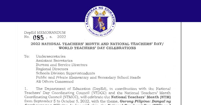 DepEd Memorandum: 2022 National Teachers’ Month and National Teachers’ Day/World Teachers’ Day Celebrations