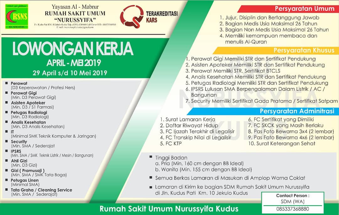 Informasi Lowongan Kerja Banyak Posisi di Rumah Sakit Nurussyifa Kudus