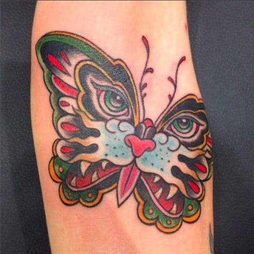 Elbow Cat Butterfly Tattoos Design, Tattoos of Cat Butterfly Combo, Combo Tattoos of Butterfly Cat on Elbow, Artist,