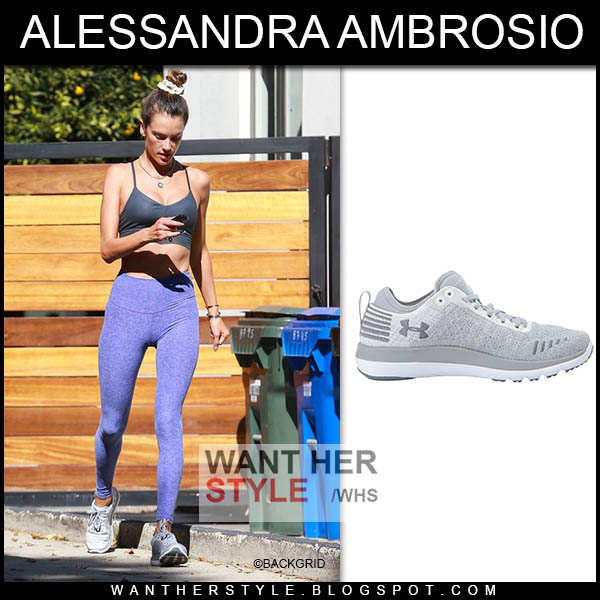 Alessandra Ambrsoio in purple leggings and grey sneakers