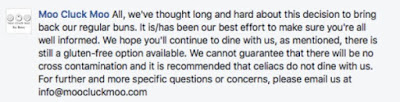 Moo Cluck Moo Celiac Facebook Comment