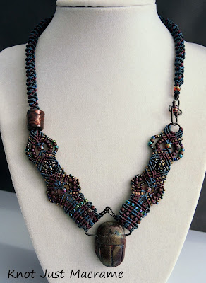 Raku scarab and micro macrame necklace by Sherri Stokey of Knot Just Macrame