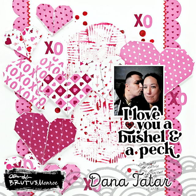 Love themed scrapbook layout with embossed resist watercolor background, patterned paper origami hearts, hand stitched borders, and a die-cut title.