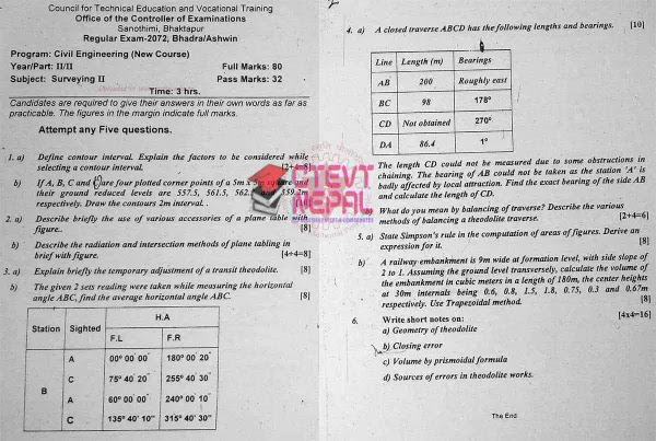 Surveying II - 4th Semester Question Papers CTEVT | Diploma in Civil Engineering