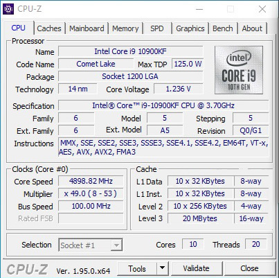 Intel Core i9 10900KF Review CPU-z 1