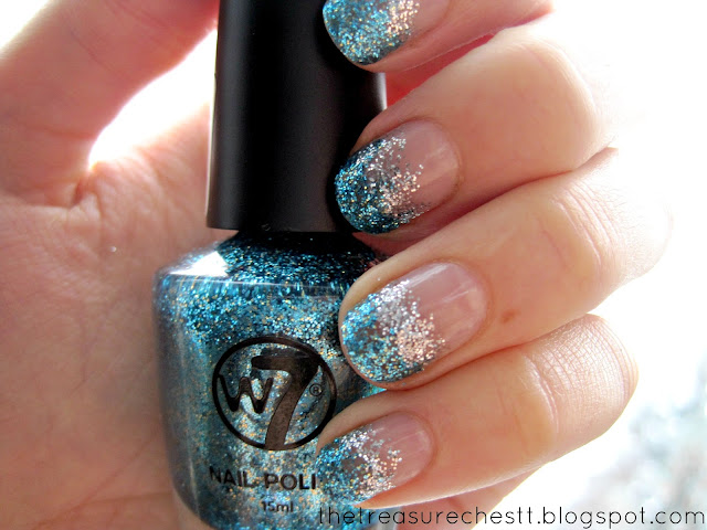 w7 silver dazzle w7 cosmic blue glitter ombre nails swatch